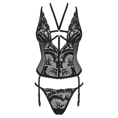 Black lace and mesh Alessya corset set with suspender straps and matching thong.