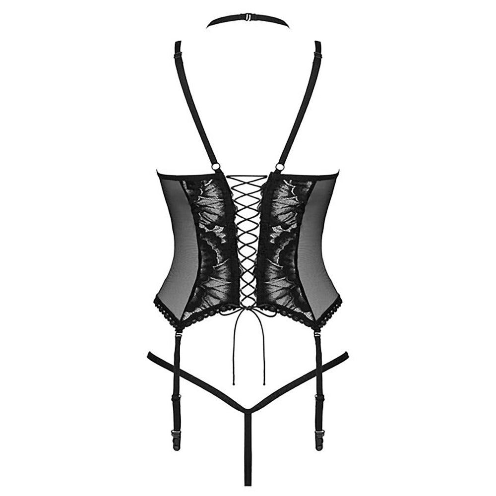 Black Alessya corset by Obsessive. Sheer panelling, intricate lace details, adjustable straps, suspenders and cheeky lace-up back.
