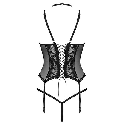 Black Alessya corset by Obsessive. Sheer panelling, intricate lace details, adjustable straps, suspenders and cheeky lace-up back.