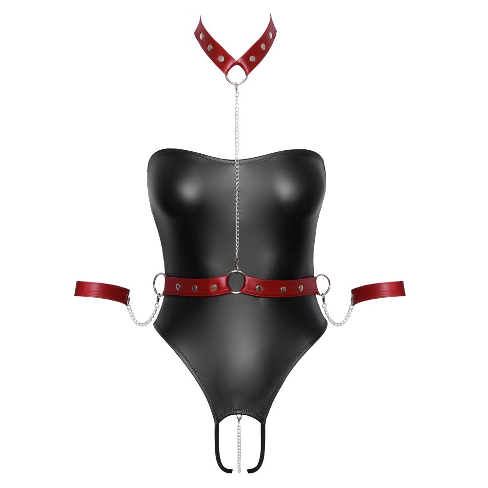 Cottelli black body suit with red harness and chains