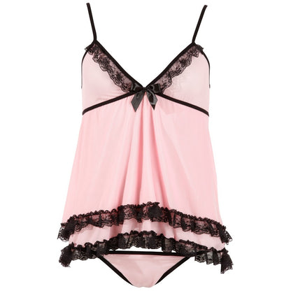 Pink babydoll lingerie set with black lace trim.
