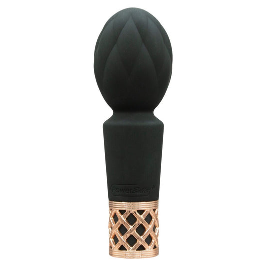 Black mini massager with rose gold lattice detail.

