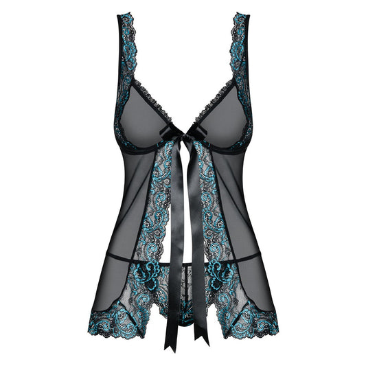 Open front black babydoll with turquoise lace trim and matching string.