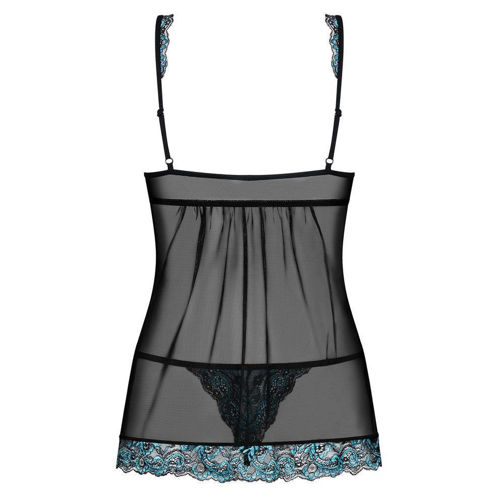 Black babydoll lingerie with turquoise lace trim