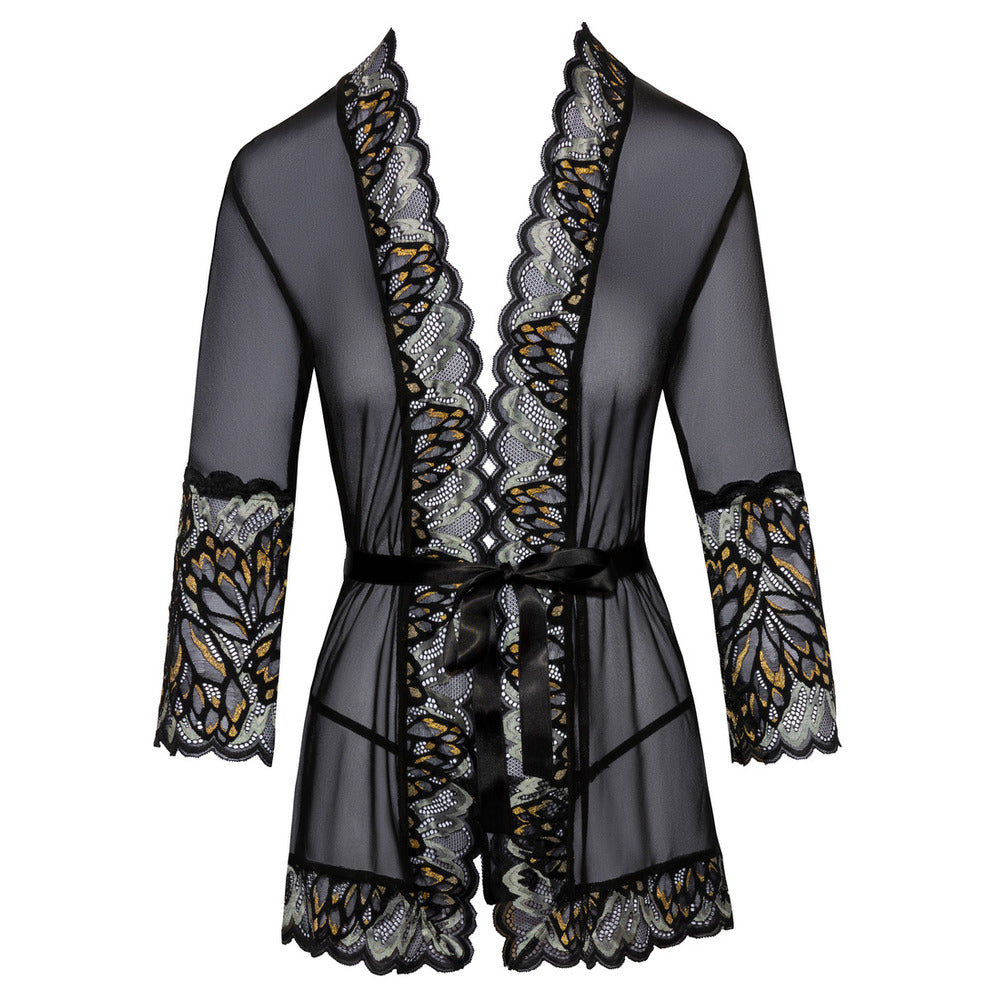 Black lace kimono with sheer fabric and ribbon tie.

