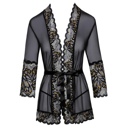 Black lace kimono with sheer fabric and ribbon tie.
