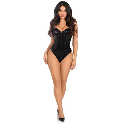 Woman in a black, sparkly Leg Avenue bodysuit.