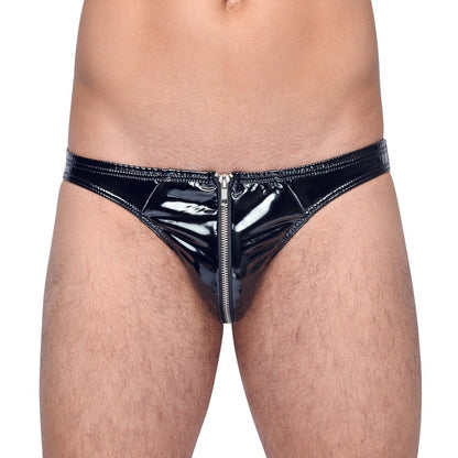 Slick temptation awaits in these Black Level vinyl briefs. That tempting zip, just begging to be pulled... Daring, darling, dangerous.
