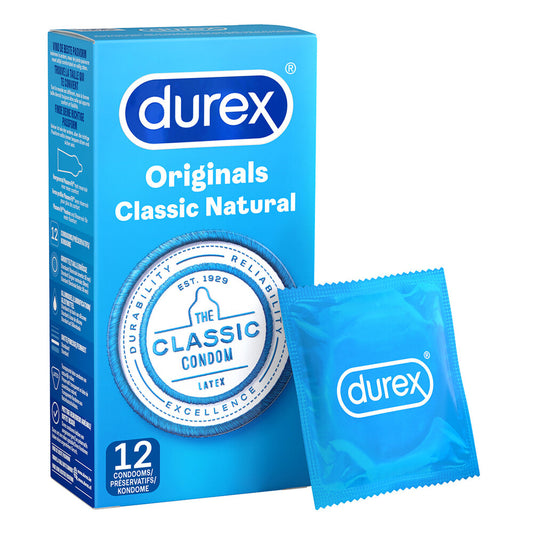 Durex Originals Classic Natural condoms, a pack of 12. For safe, confident and pleasurable sex.