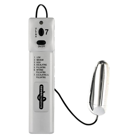 Seven Creations Ultra 7 Vector Egg vibrator, white controller and silver egg.