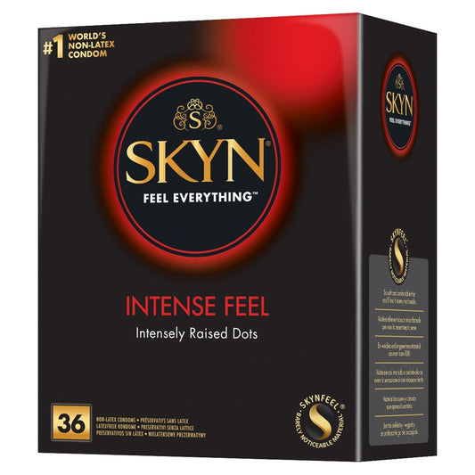 SKYN Intense Feel condoms. Latex-free, with raised dots for enhanced pleasure. 36 pack for worry-free, intimate moments.