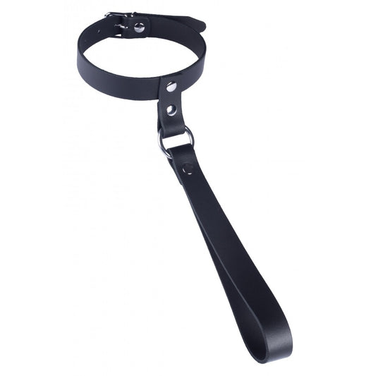 Black leather collar with short leash