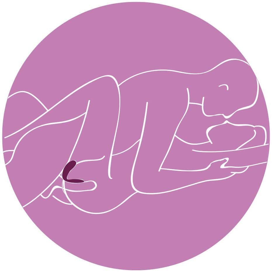 Partner sex outline with clitoral toy in playful purple circle.