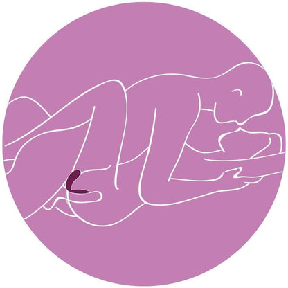 Partner sex outline with clitoral toy in playful purple circle.
