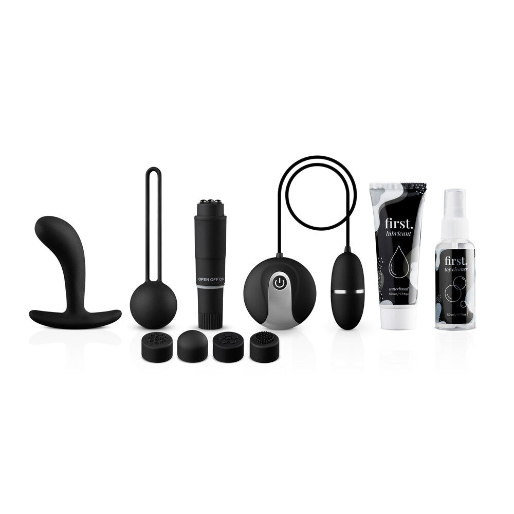 Self-love starter kit with vibrators, lubricant, and toy cleaner for solo pleasure exploration and intimate wellness.