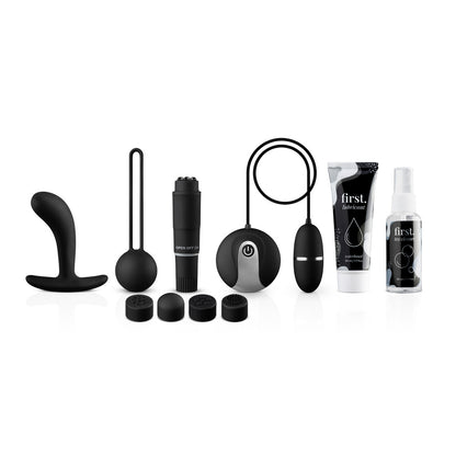 Self-love starter kit with vibrators, lubricant, and toy cleaner for solo pleasure exploration and intimate wellness.