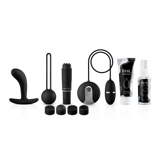 Self-love starter kit with vibrators, lubricant, and toy cleaner for solo pleasure exploration and intimate wellness.