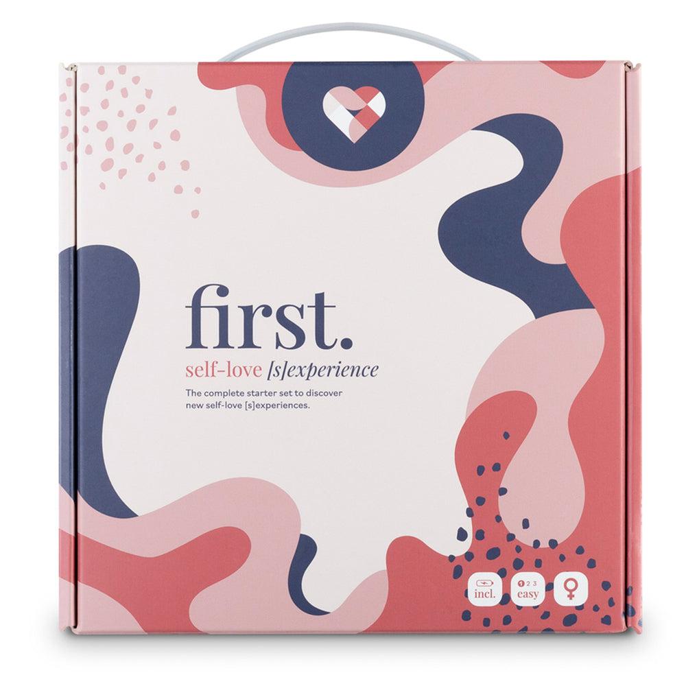 Self-love experience starter kit, encouraging discovery and pleasure. Modern, friendly design on packaging.