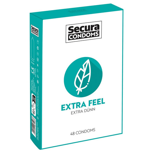 Secura Extra Feel condoms; 48 pack for heightened sensation.