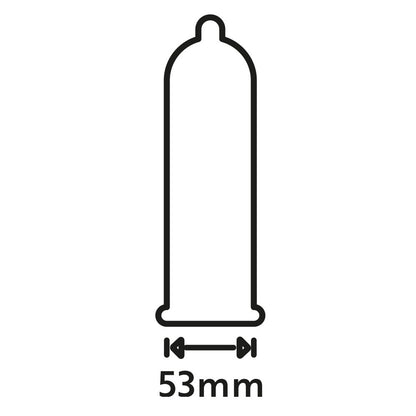 Condom outline with sizing info.