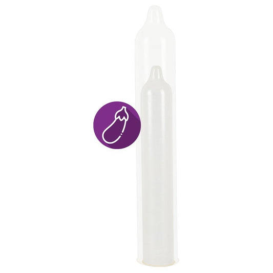 Extra large condom with eggplant icon.