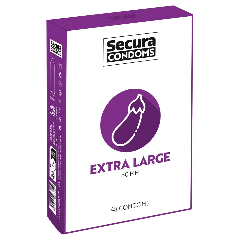 Secura Condoms extra large 48 pack with eggplant icon