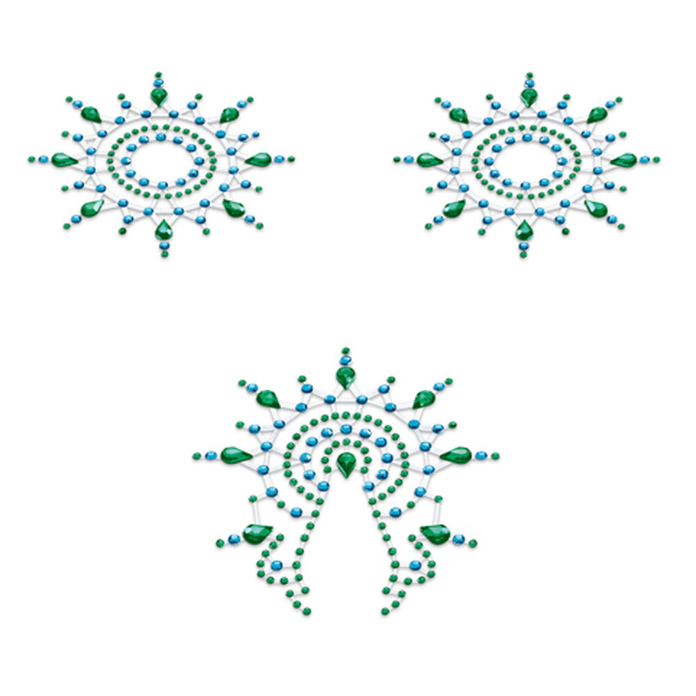 Gloria nipple & vagina pasties, green jewels.