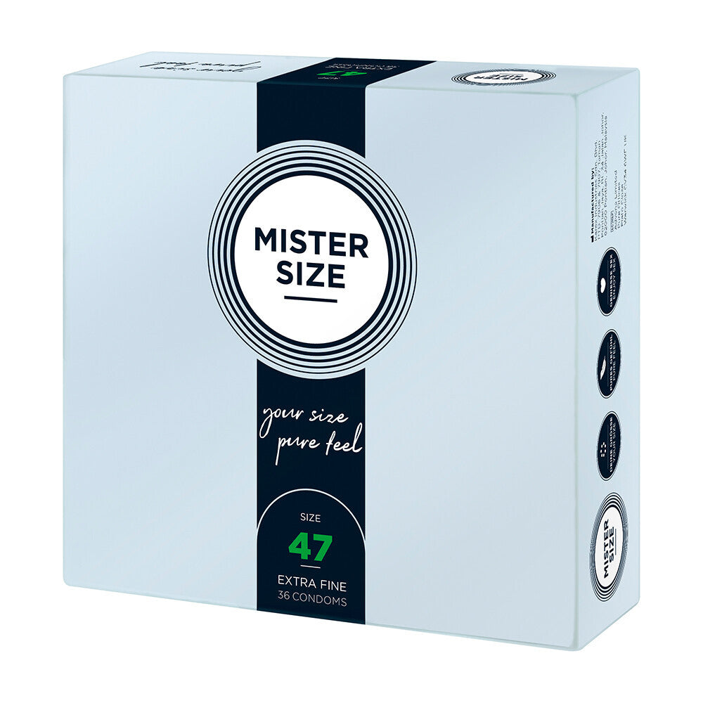 Mister Size 47mm Condoms: Your size, pure feel, extra fine protection in a handy 36 pack.