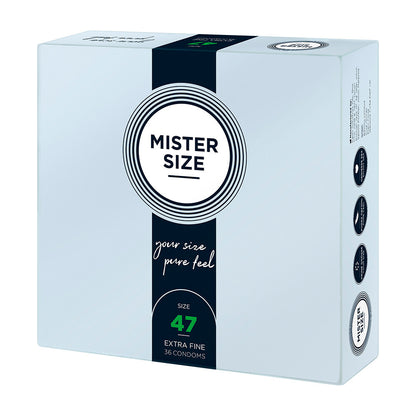 Mister Size 47mm Condoms: Your size, pure feel, extra fine protection in a handy 36 pack.