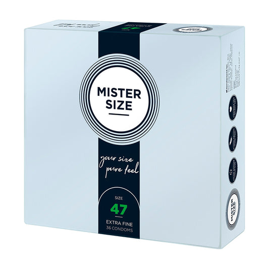 Mister Size 47mm Condoms: Your size, pure feel, extra fine protection in a handy 36 pack.