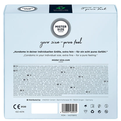 Mister Size 47mm condoms box. Sorted for size, these condoms offer a comfortable, pure feel. Extra fine for added sensation.

