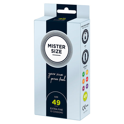 Mister Size 49mm condoms: pure feel, extra fine, ten pack. Find your fit!