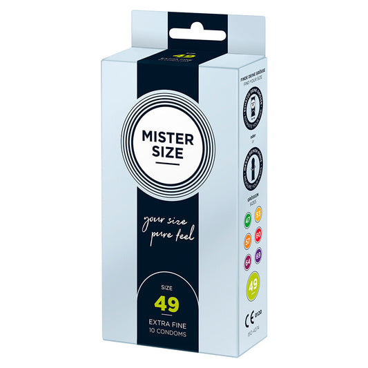 Mister Size 49mm condoms: pure feel, extra fine, ten pack. Find your fit!