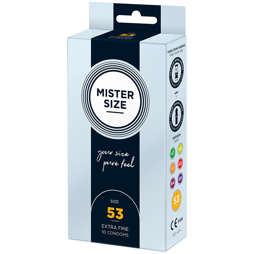 Mister Size 53mm Pure Feel condoms, a ten pack in a box showing size options.