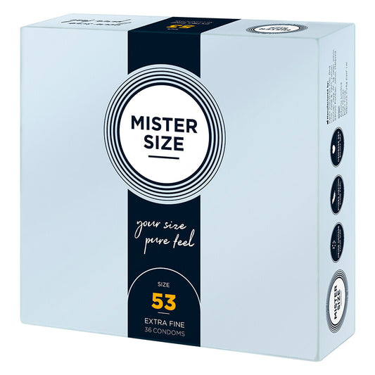 Mister Size 53mm "Pure Feel" Condoms: 36 extra fine condoms, for perfectly fitting protection. Confidence, sorted.