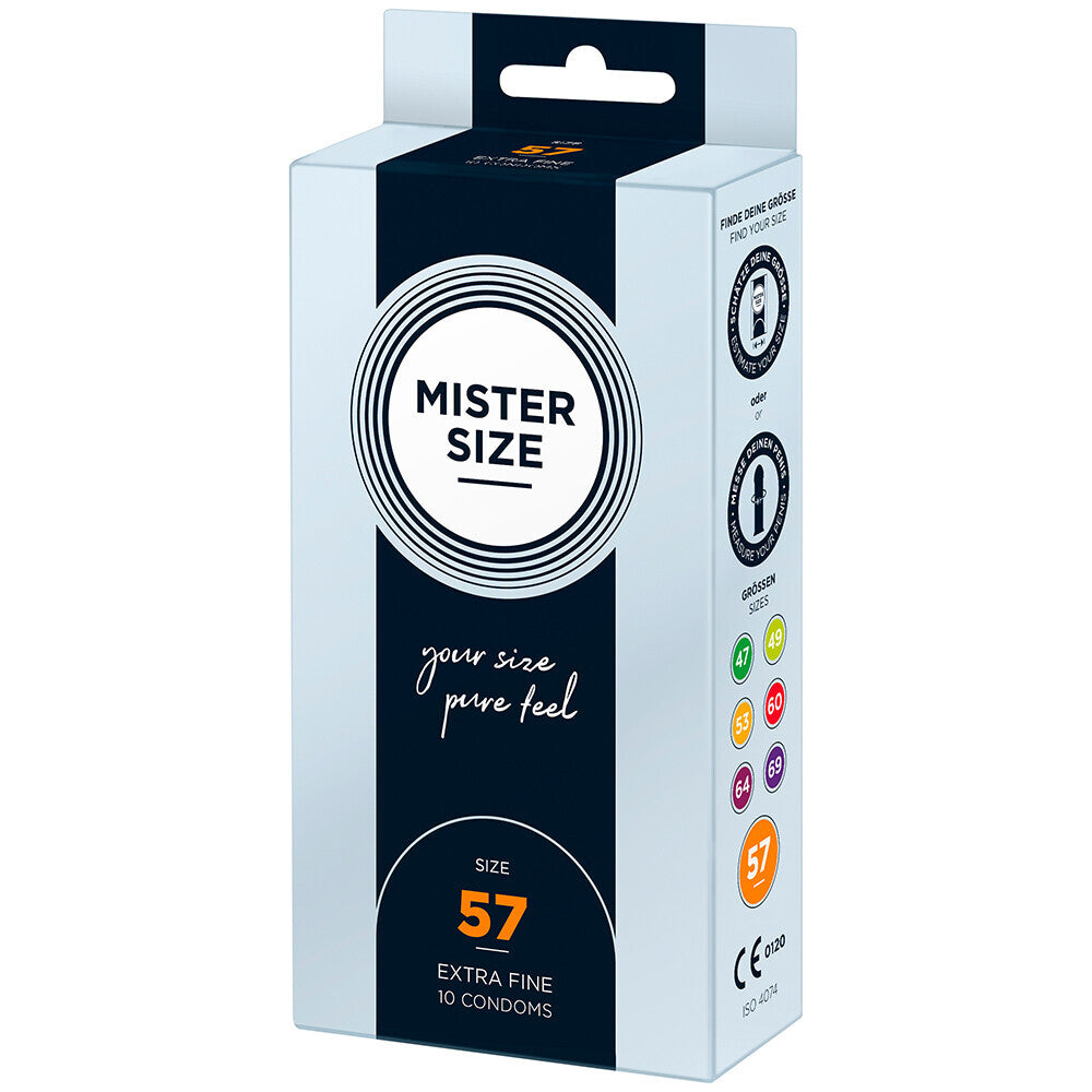 Mister Size 57mm condoms: Find your perfect fit with extra fine condoms for pleasure and protection. Pack of ten.
