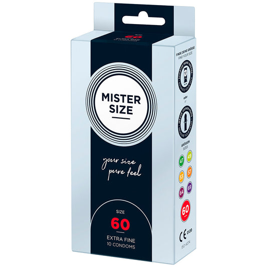 Mister Size 60mm condoms: perfectly sized for pure feel fun. 10 extra-fine condoms in a discreet package. Find your fit!
