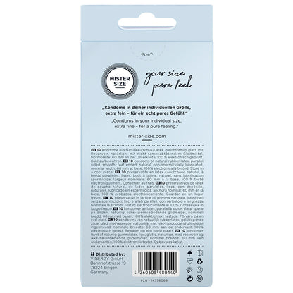 Your Size Pure Feel Condoms. 60mm for a perfect fit, natural latex. Pleasure, protection, and body-positivity in every pack.