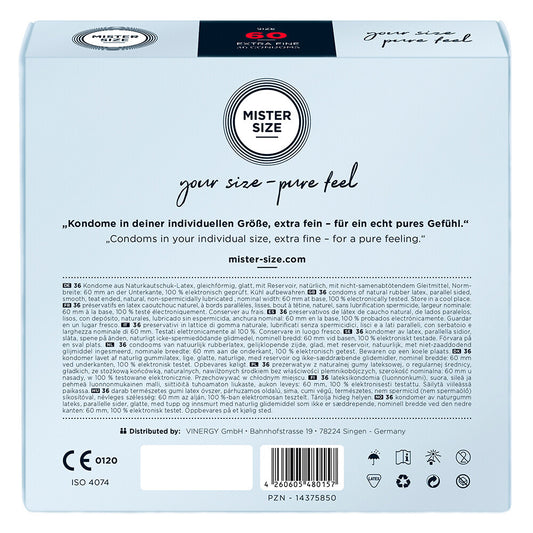 Mister Size 60mm condoms: Your size, pure feel, extra fine protection.
