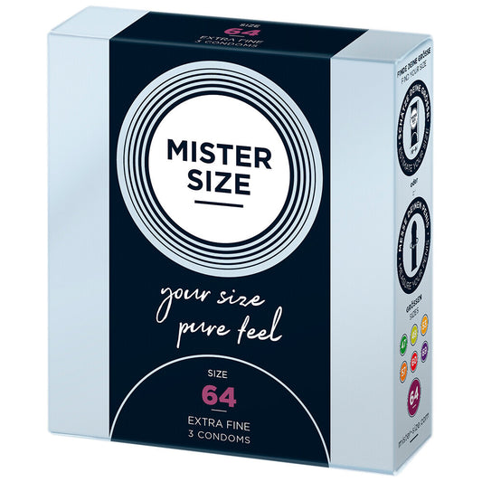 Mister Size 64mm condoms: for a perfect fit and pure pleasure, 3 condoms per pack. Get yours now!
