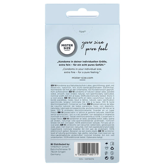 Mister Size 64mm Pure Feel condoms: snug fit, extra fine for that pure feel. Your size, your pleasure, no compromise!
