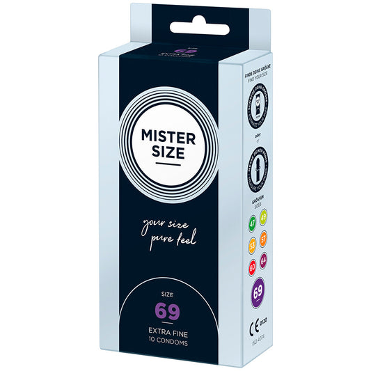 Mister Size 69mm 'Your Size Pure Feel' condoms box. Find your fit and enjoy feel-good confidence, in a snug and safe size 69mm.
