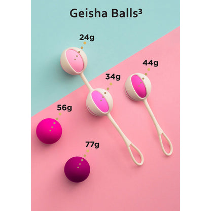 G Vibe Geisha Balls3 in varying weights on pink and blue backdrop.