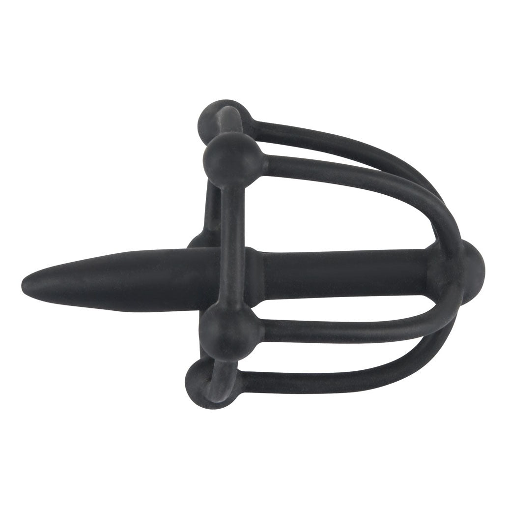 Black silicone urethral plug with glans cage