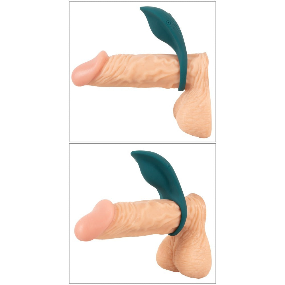 Teal cock ring with vibrant, pulsating pleasure enhancer from You2Toys.
