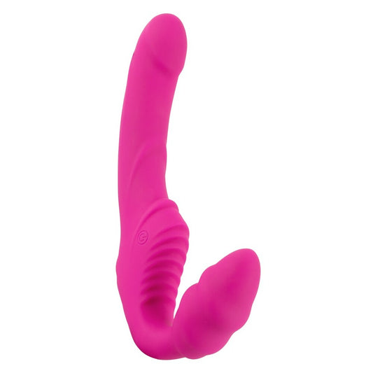 Pink vibrating strapless dual-ended strap-on for adventurous pleasure.