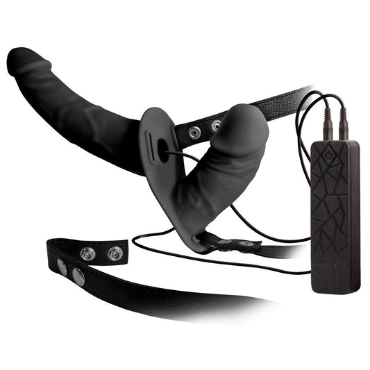 Black double-ended dildo with harness and power control.