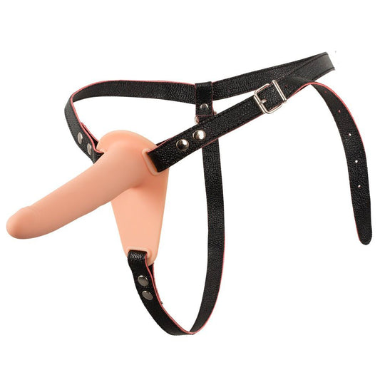 Leather-strapped silicone strap-on dildo