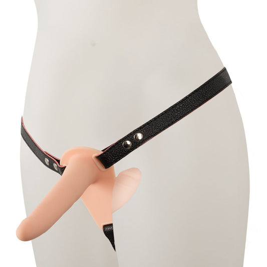 Double strap-on with soft silicone dildos and adjustable leather straps.