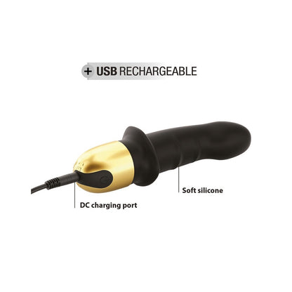 Dorcel Mini Lover 2 vibrator, black silicone with gold detail, USB rechargeable. Ready for playful adventures!
